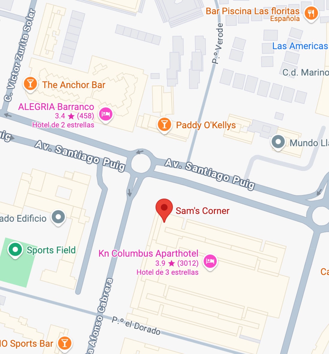 Map of the meeting location for the Playa De Las Americas pub crawl.